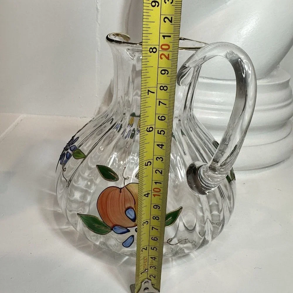 Crystal Clear Pitcher 8‎ Inch Ribbed Venetian Fruit 22K Gold Trim Romania 96 oz